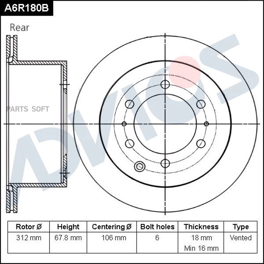 Диск тормозной задний ADVICS A6R180B - ADVICS None None